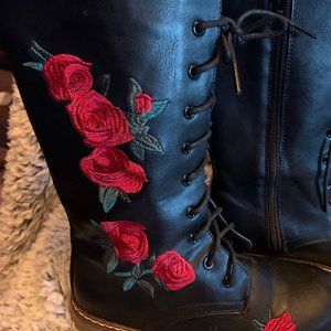 Red Rose Embroidered Girl's Black Combat Type Boots Size 3